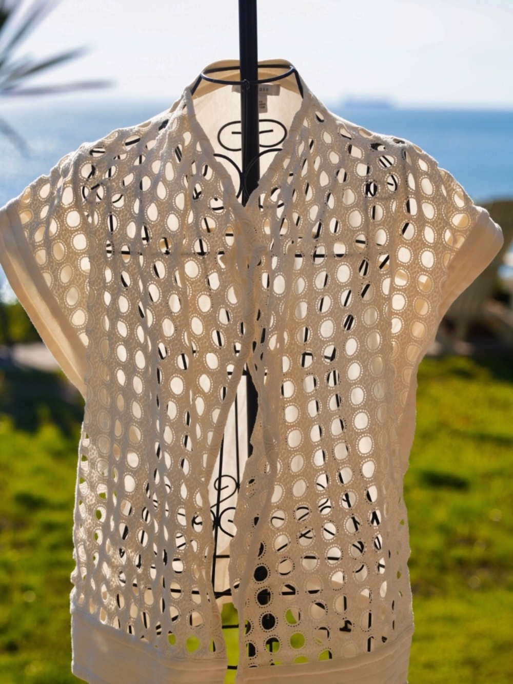 Joan Vass Luxury Cotton Eyelet Sleeveless Cardigan - White - Size 1